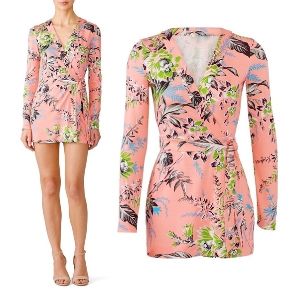 DVF Silk Floral Long Sleeve V-Neck Wrap Style Tie Waist Faux Mini Dress Romper 8 - Picture 8 of 10